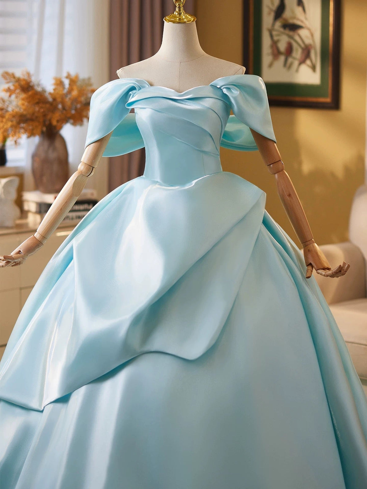Ball Gown Off Shoulder A-Line Satin Sweep Train Blue Long Prom Dresses