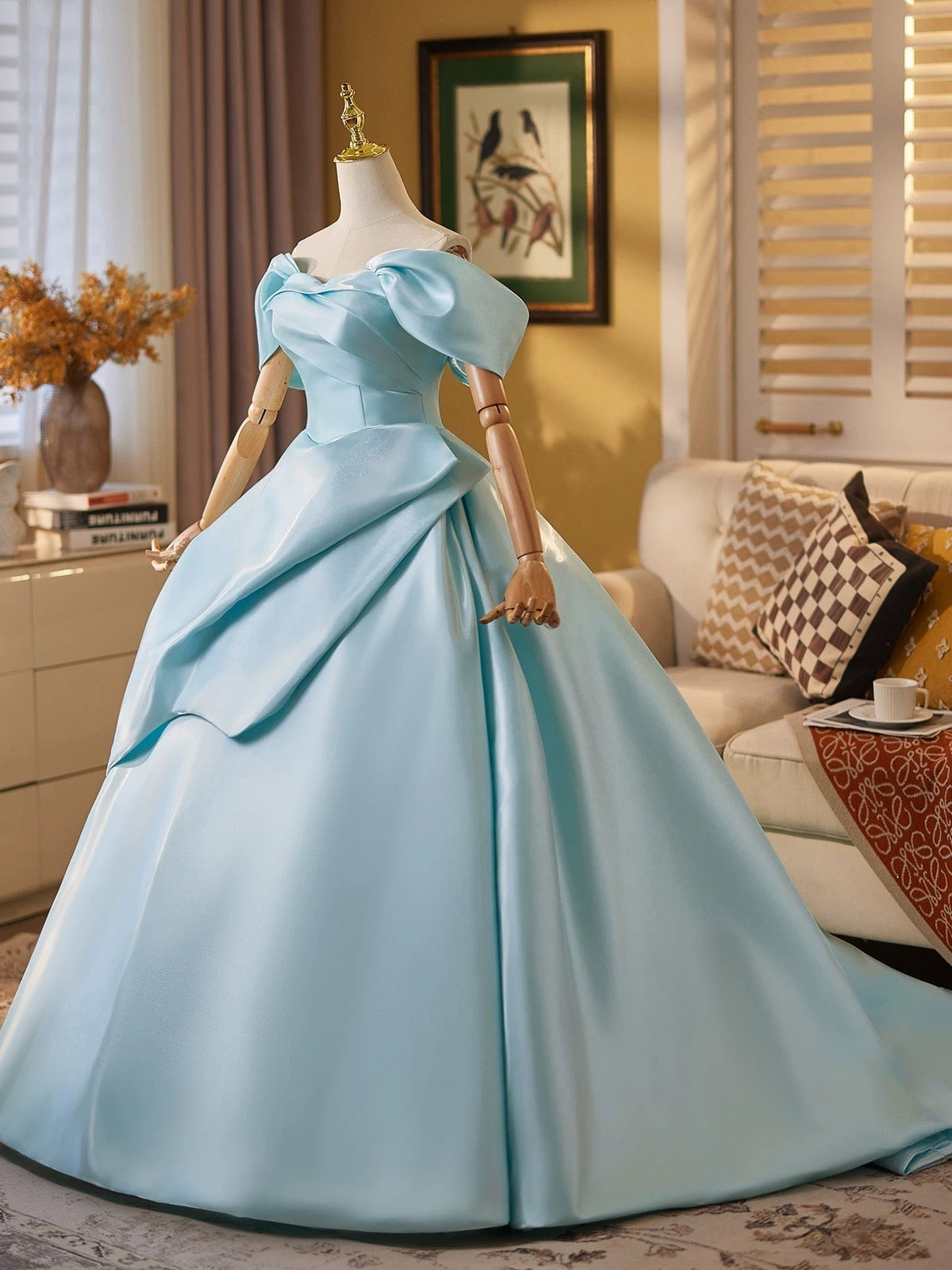 Ball Gown Off Shoulder A-Line Satin Sweep Train Blue Long Prom Dresses