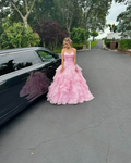 Ball Gowns Pink Strapless Long Prom Dress Ruffled Prom Dresses