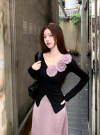Fairy three-dimensional rose French top high waist A-line skirt gentle outfit two-piece suit R1702