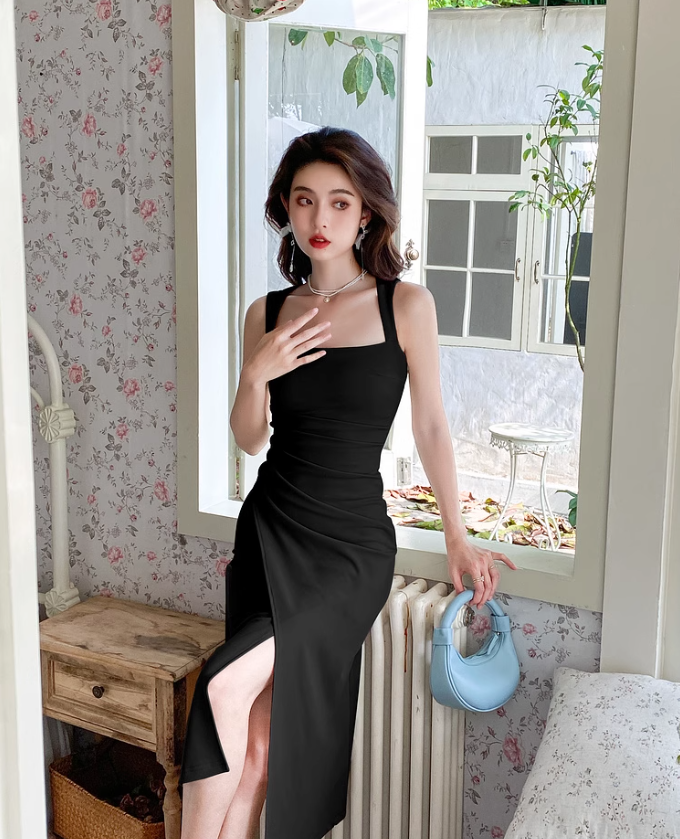 French square neck waist hip dress high waist sleeveless slim suspender dress slit long skirt R1433