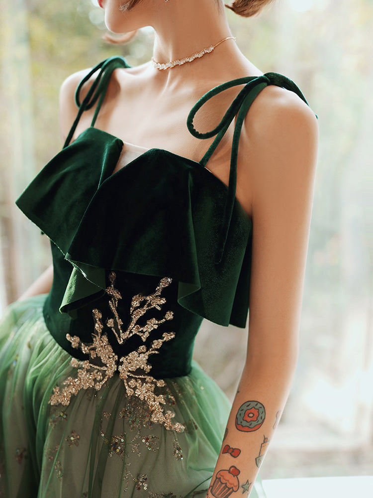 Beautiful Dark Green Straps Tulle With Velvet Prom Dress, Green Prom Gowns Prom Dresses