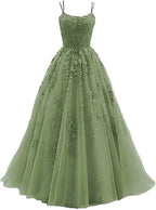 Beautiful Green Tulle With Lace Applique Prom Gowns, Green Prom Dresses