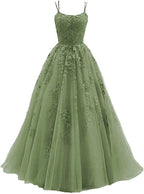 Beautiful Green Tulle With Lace Applique Prom Gowns, Green Prom Dresses