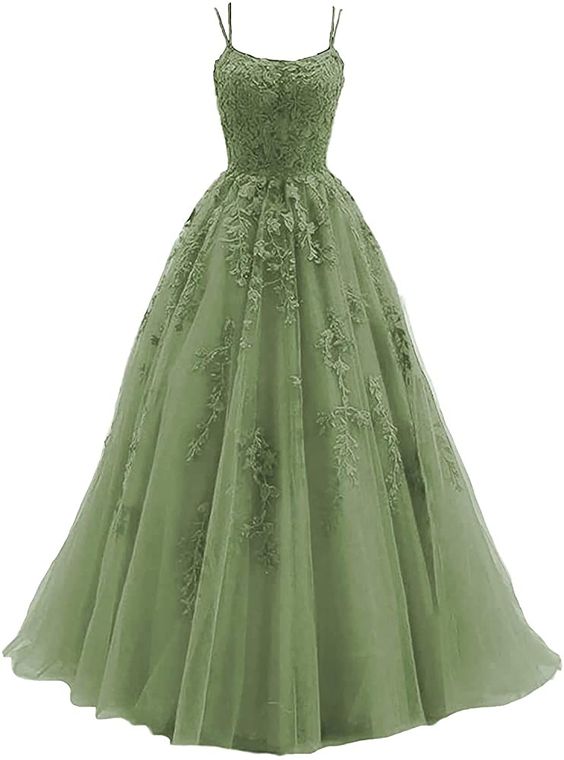 Beautiful Green Tulle With Lace Applique Prom Gowns, Green Prom Dresses