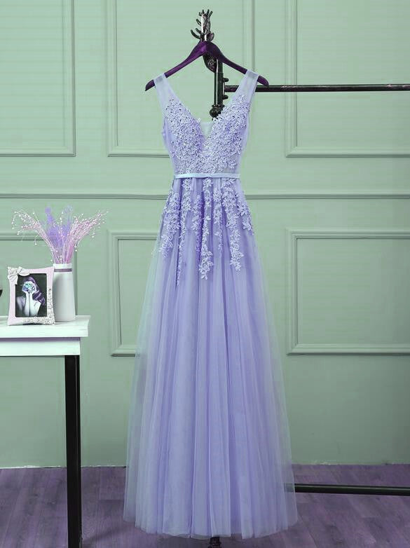 Beautiful Light Purple Tulle Long Prom Gowns, A-Line V-Neckline Prom Dresses