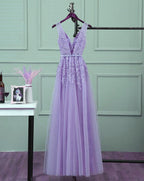 Beautiful Light Purple Tulle Long Prom Gowns, A-Line V-Neckline Prom Dresses