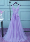 Beautiful Light Purple Tulle Long Prom Gowns, A-Line V-Neckline Prom Dresses