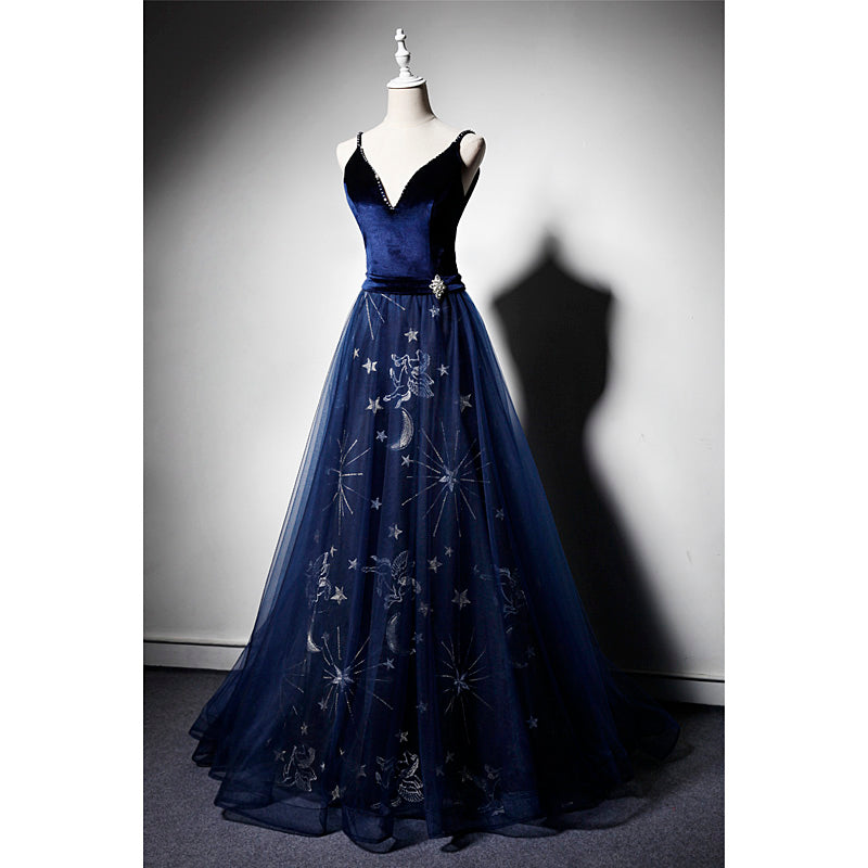Beautiful Navy Blue Straps Velvet Long Prom Dresses, Tulle Blue Prom Gowns