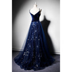Beautiful Navy Blue Straps Velvet Long Prom Dresses, Tulle Blue Prom Gowns