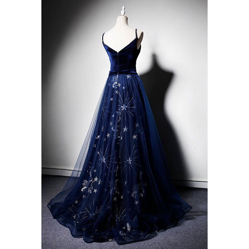 Beautiful Navy Blue Straps Velvet Long Prom Dresses, Tulle Blue Prom Gowns