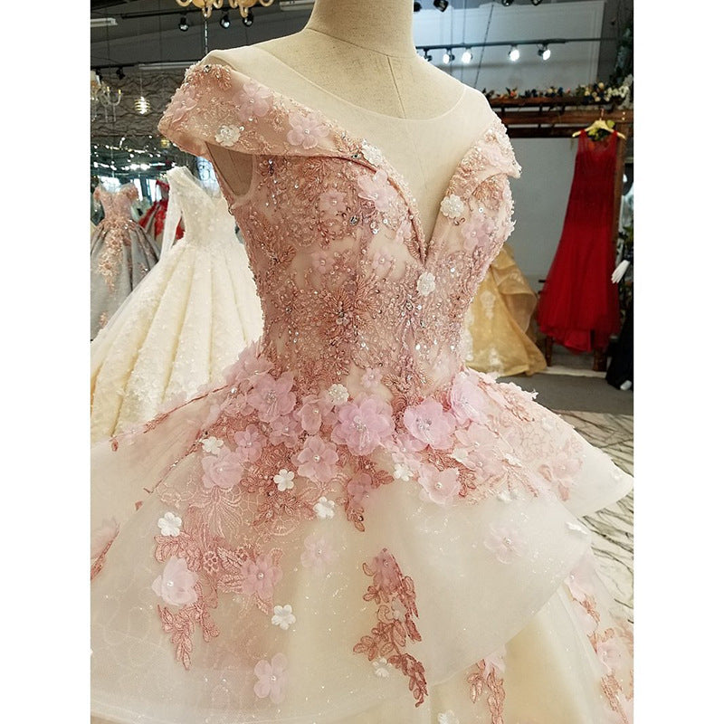 Beautiful Pink Tulle With Flowers And Beaded Long Prom Dresses, Pink Sweet 16 Gowns