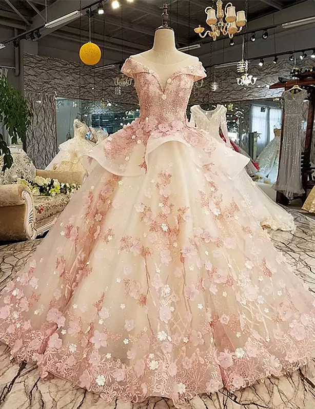 Beautiful Pink Tulle With Flowers And Beaded Long Prom Dresses, Pink Sweet 16 Gowns
