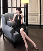Birthday dress high-end party dress high-end niche exquisite black halter dress R1795