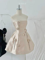 Champagne Satin Tube Top 3D Flower Slim Princess Tutu Skirt homecoming dress R2574