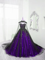 Black And Purple Beaded Tulle Ball Gowns Sweet 16 Dress, Black And Purple Prom Dresses With Cap