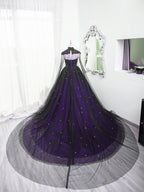 Black And Purple Beaded Tulle Ball Gowns Sweet 16 Dress, Black And Purple Prom Dresses With Cap