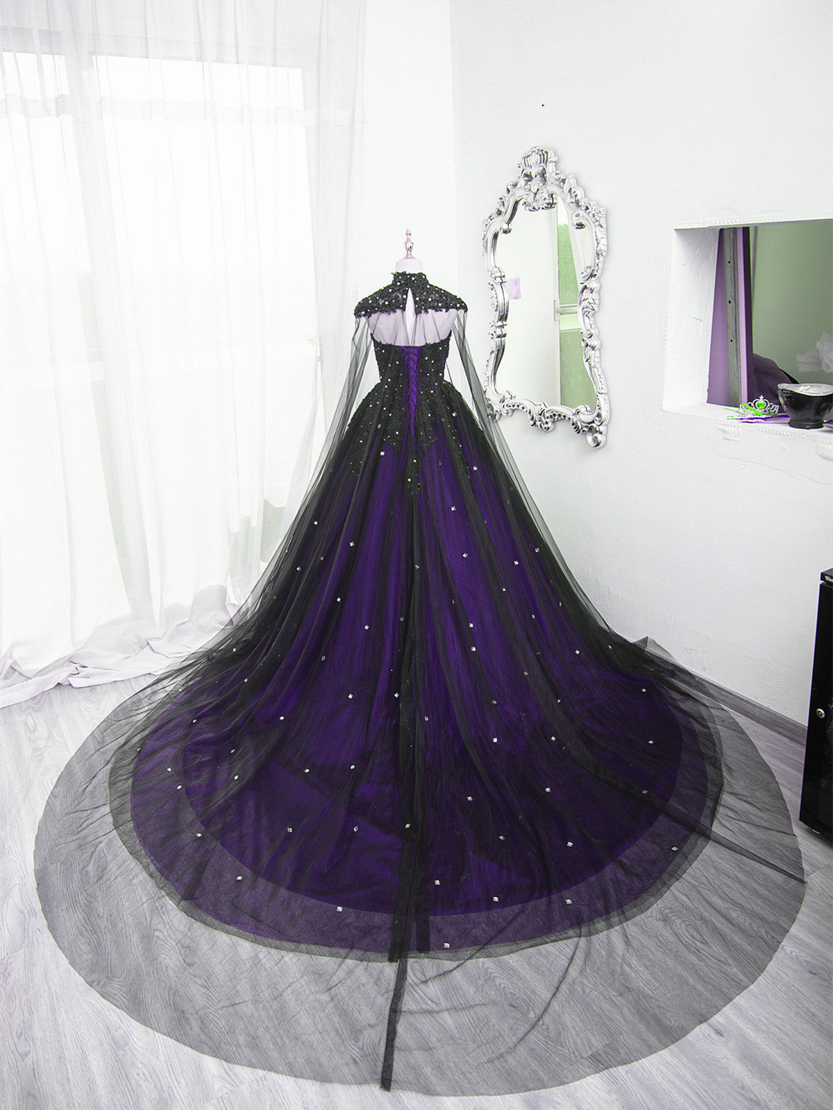 Black And Purple Beaded Tulle Ball Gowns Sweet 16 Dress, Black And Purple Prom Dresses With Cap