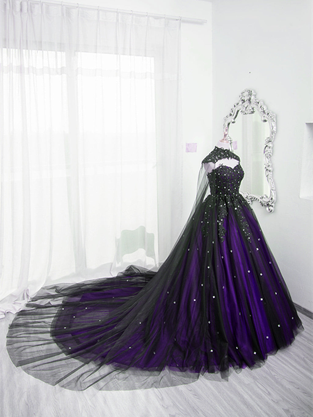 Black And Purple Beaded Tulle Ball Gowns Sweet 16 Dress, Black And Purple Prom Dresses With Cap