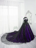 Black And Purple Beaded Tulle Ball Gowns Sweet 16 Dress, Black And Purple Prom Dresses With Cap