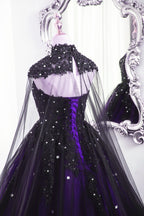 Black And Purple Beaded Tulle Ball Gowns Sweet 16 Dress, Black And Purple Prom Dresses With Cap