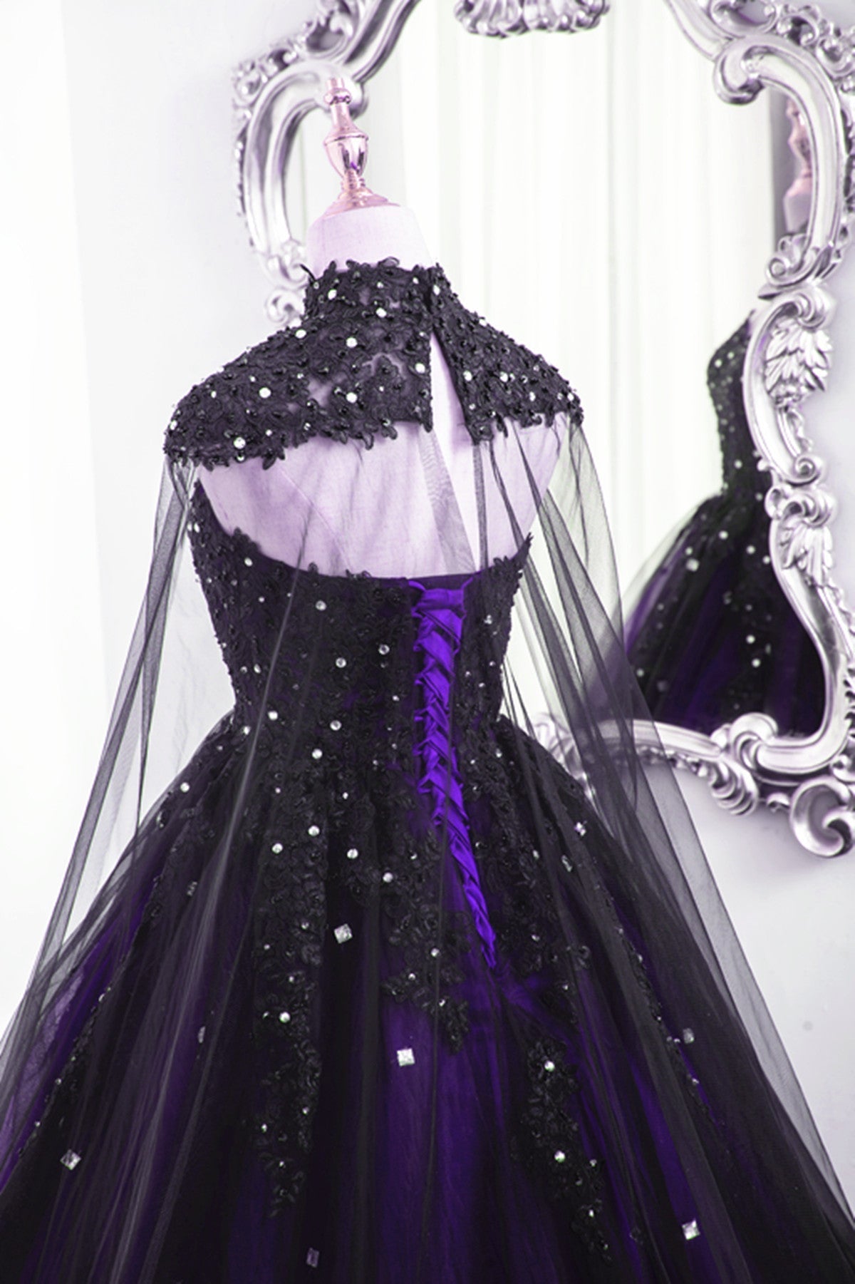 Black And Purple Beaded Tulle Ball Gowns Sweet 16 Dress, Black And Purple Prom Dresses With Cap