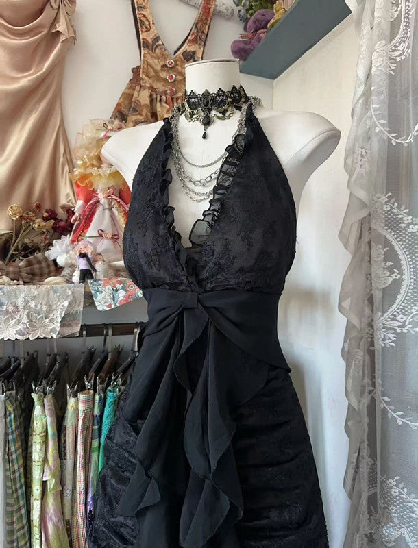 Black Halter V Neck Long Prom Dresses,Long Prom Gown