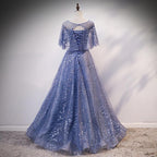Blue Elegant A-Line Long Prom Dress, Blue Prom Gowns Graduation Dresses
