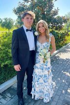 Blue Elegant A-Line Layered Chiffon Floral Backless Long Ball Gowns Prom Dress Prom Dress Graduation Dresses