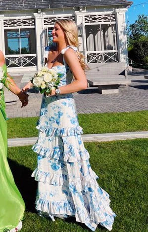 Blue Elegant A-Line Layered Chiffon Floral Backless Long Ball Gowns Prom Dress Prom Dress Graduation Dresses