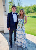 Blue Elegant A-Line Layered Chiffon Floral Backless Long Ball Gowns Prom Dress Prom Dress Graduation Dresses