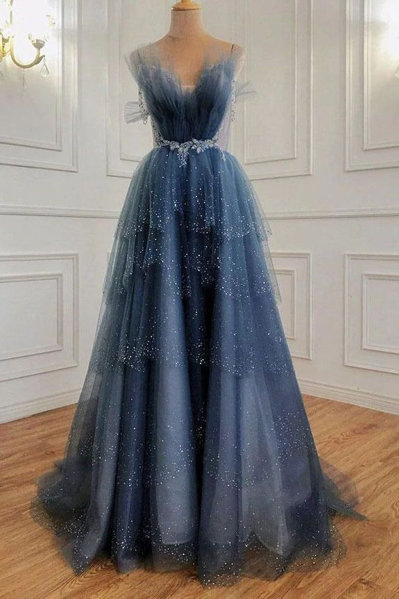 Blue Gorgeous Shiny Elegant Applique Long Tulle Ball Gowns Prom Gowns Graduation Dresses