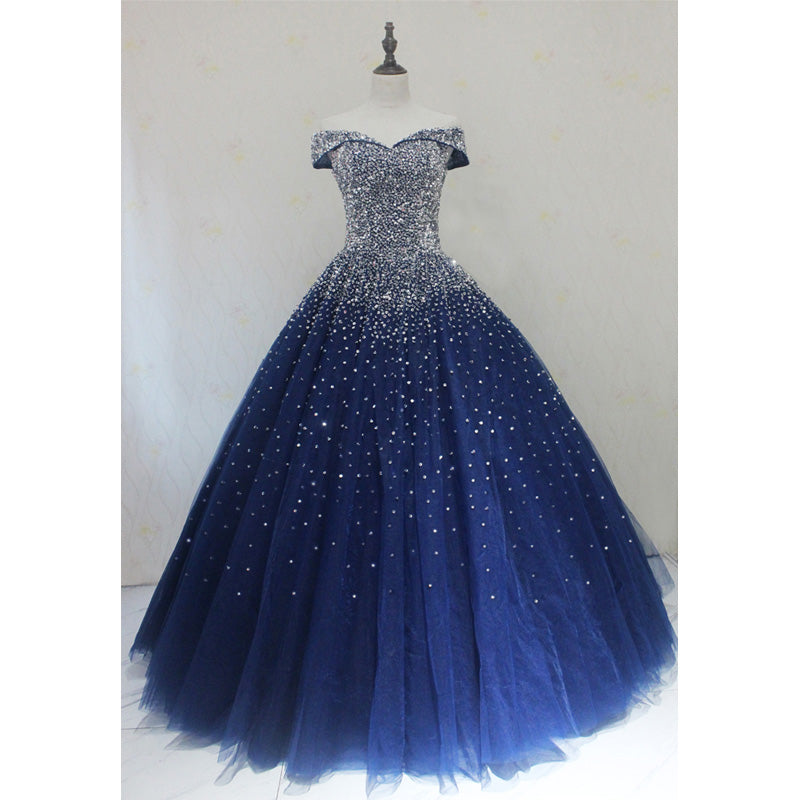 Blue Sequins Sweetheart Ball Gowns Sweet 16 Gowns, Blue Tulle Prom Dresses