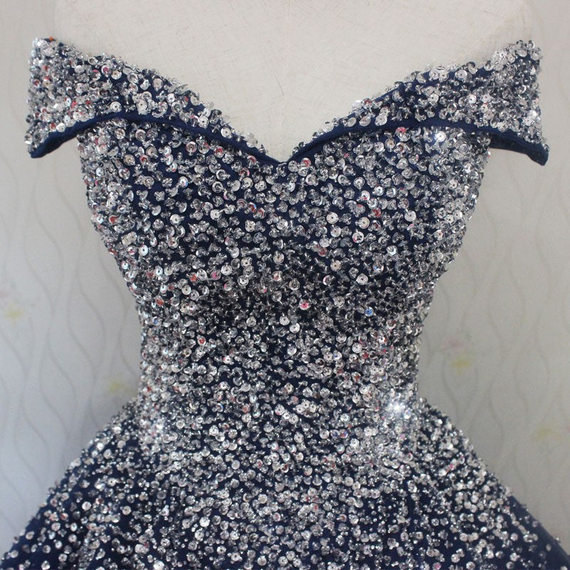 Blue Sequins Sweetheart Ball Gowns Sweet 16 Gowns, Blue Tulle Prom Dresses