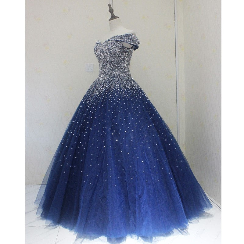 Blue Sequins Sweetheart Ball Gowns Sweet 16 Gowns, Blue Tulle Prom Dresses