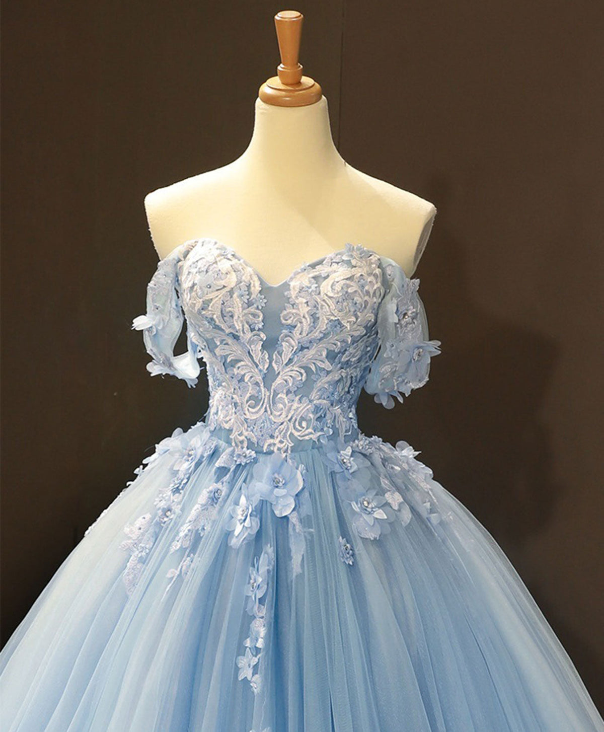 Blue Sweetheart Ball Gowns Flowers Sweet 16 Dress, Blue Off Shoulder Wedding Prom Dresses