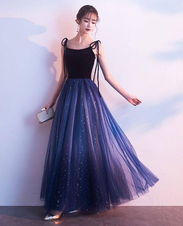 Blue Tulle With Velvet Straps Long Prom Dresses, Gorgeous Prom Gowns