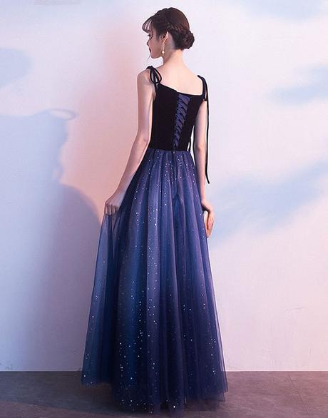 Blue Tulle With Velvet Straps Long Prom Dresses, Gorgeous Prom Gowns