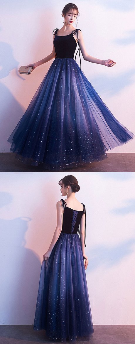 Blue Tulle With Velvet Straps Long Prom Dresses, Gorgeous Prom Gowns
