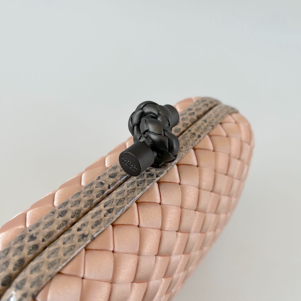 Bottega Veneta Pink intrecciato Satin and Python Trim knot Clutch