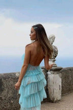 New Style Halter Ruffles Tulle Prom Dress With Slit,Charming Long Party Dress  cg24858