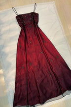 Burgundy Spaghetti Straps Exquisite Beaded Long Tulle Ball Gowns Prom Dress