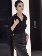 Large size French pure sexy black shirt intellectual style sister hip skirt suit R1837