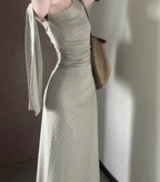 Gentle temperament gray polka dot off-shoulder dress with slim waist and hip skirt R0859