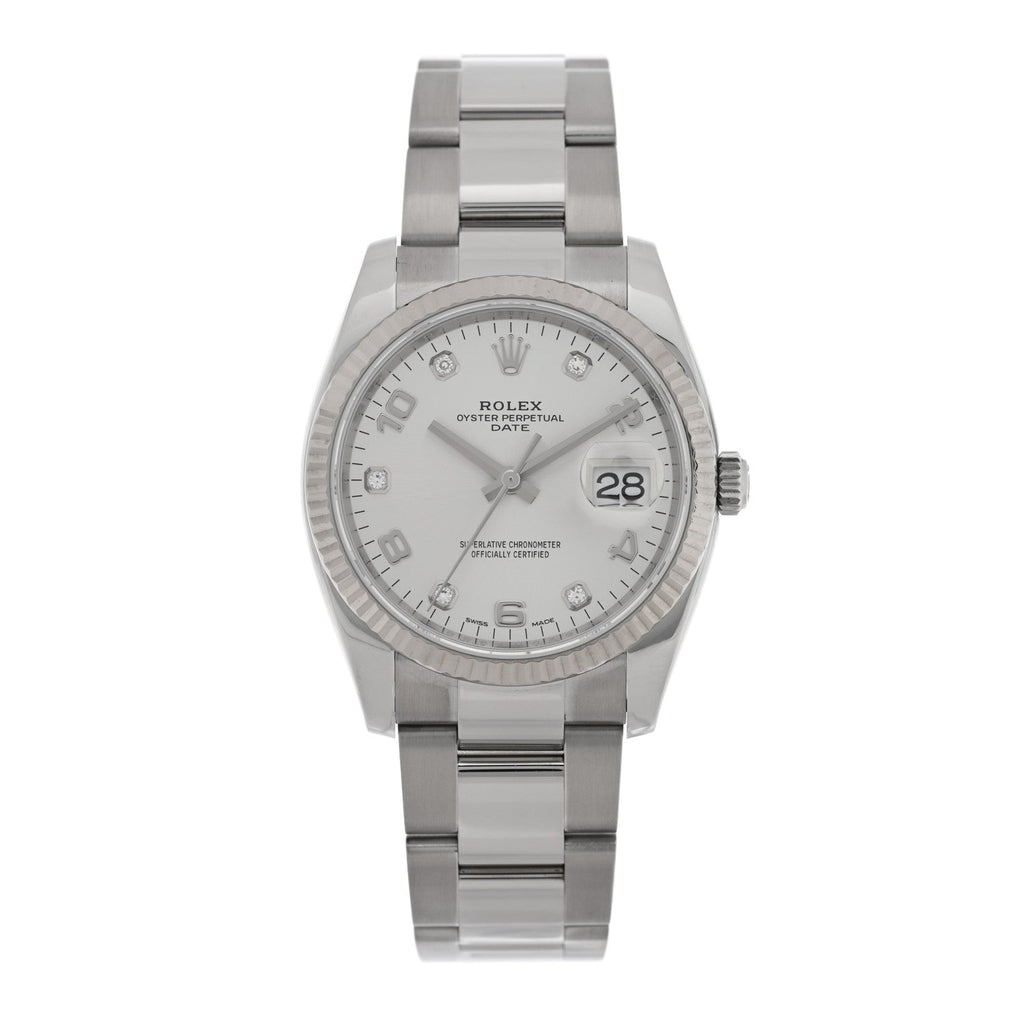 Stainless Steel 18K White Gold Diamond 34mm Oyster Perpetual Date Watch Silver 115234
