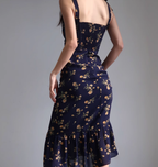 French Slim Sexy Ruffle Edge Floral Dress A-Line Waist Suspender Long Dress R2813