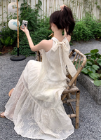 White lace off-shoulder beach maxi dress holiday suspender dress French retro dress R1697