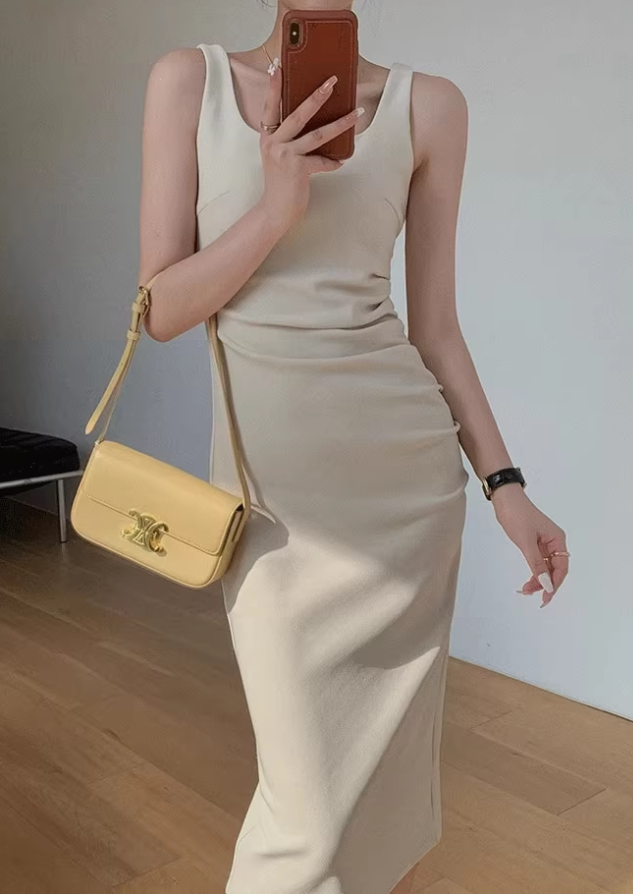 Square neck pleated slim waist suspenders long short hip-wrapped slit dress R1481