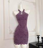 Purple halter neck dress 2025 new style new Chinese style hip skirt lace skirt R2086