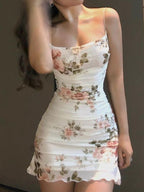 White small floral suspenders tight waist sexy short skirt homecoming dress R2679